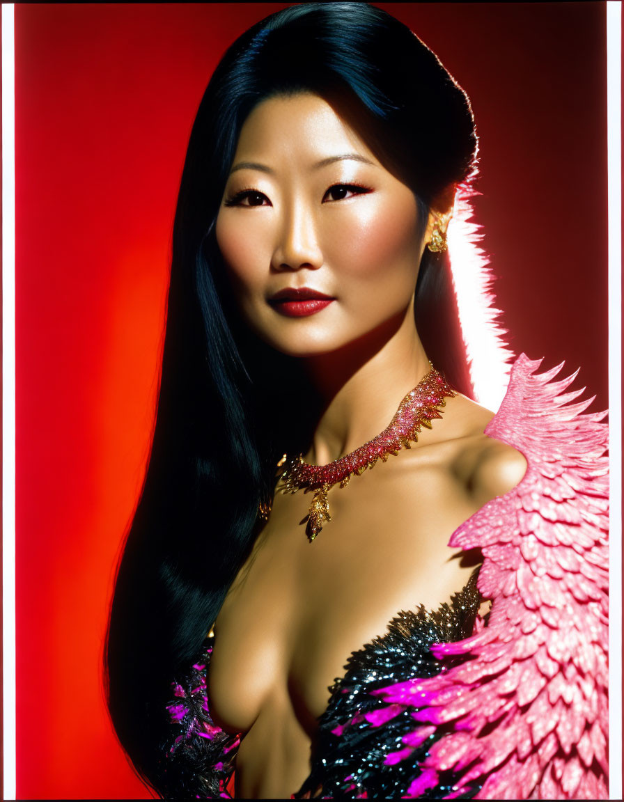 Portrait of Woman in Pink Feathered Outfit on Red Background