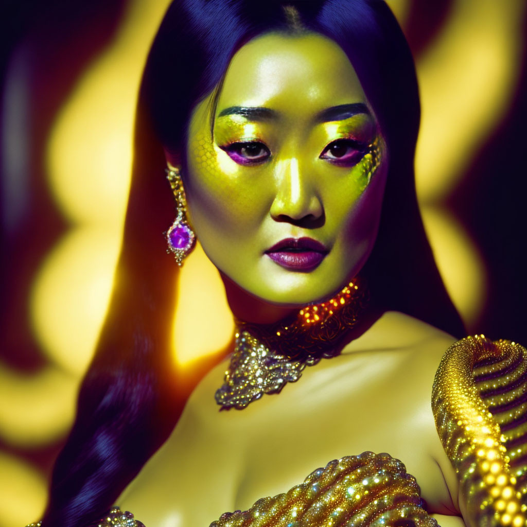 Yellow-themed portrait of a woman with gold jewelry on abstract backdrop