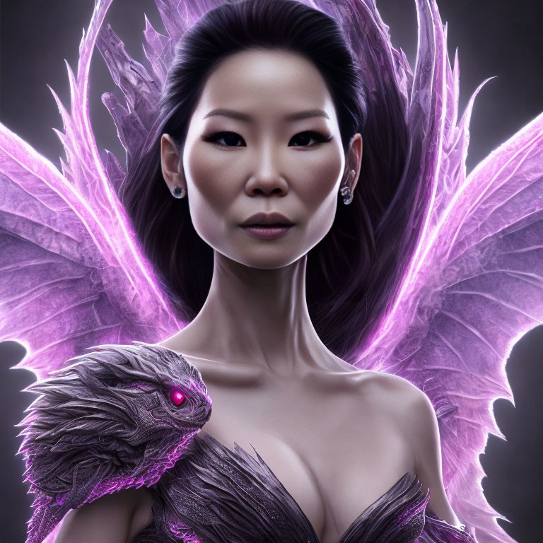 Woman with intricate purple wings holding a creature with matching eyes and feathers