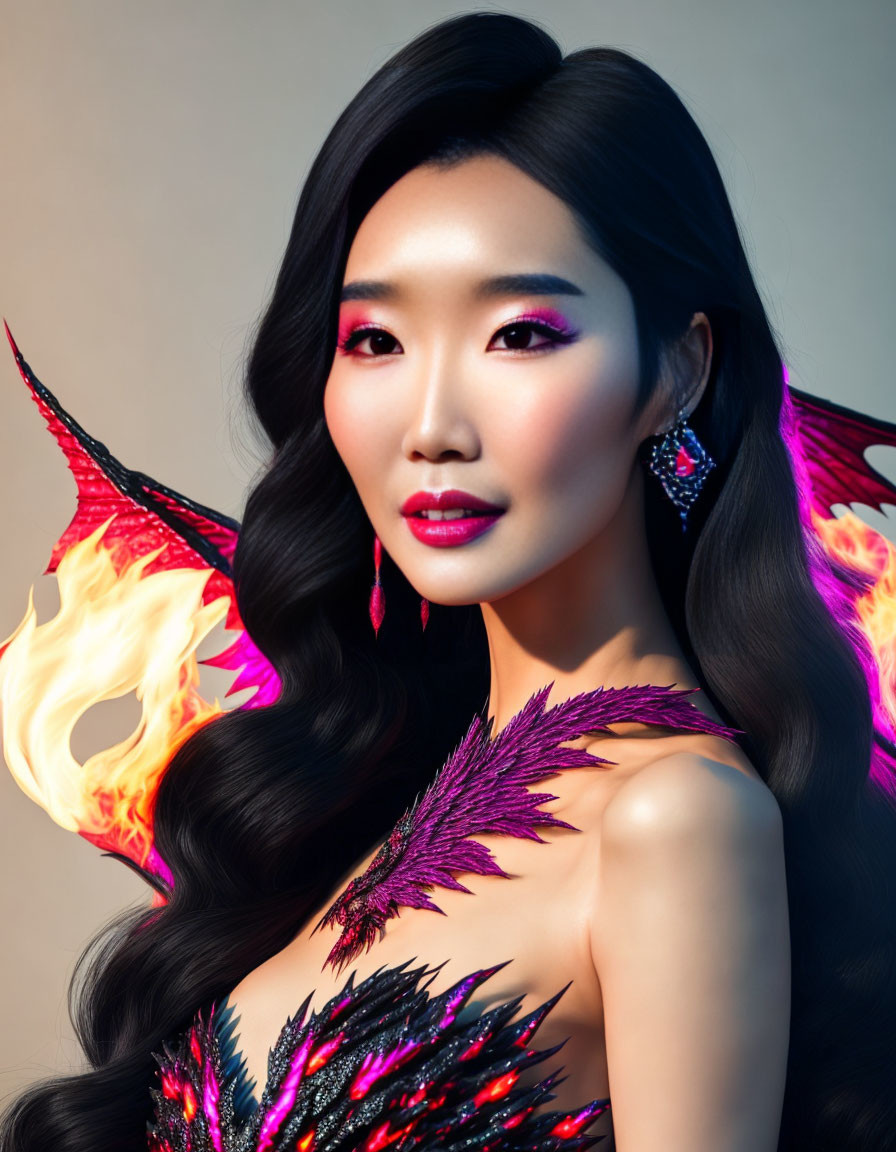 Woman with vibrant makeup and flaming butterfly wings and feather accessories.