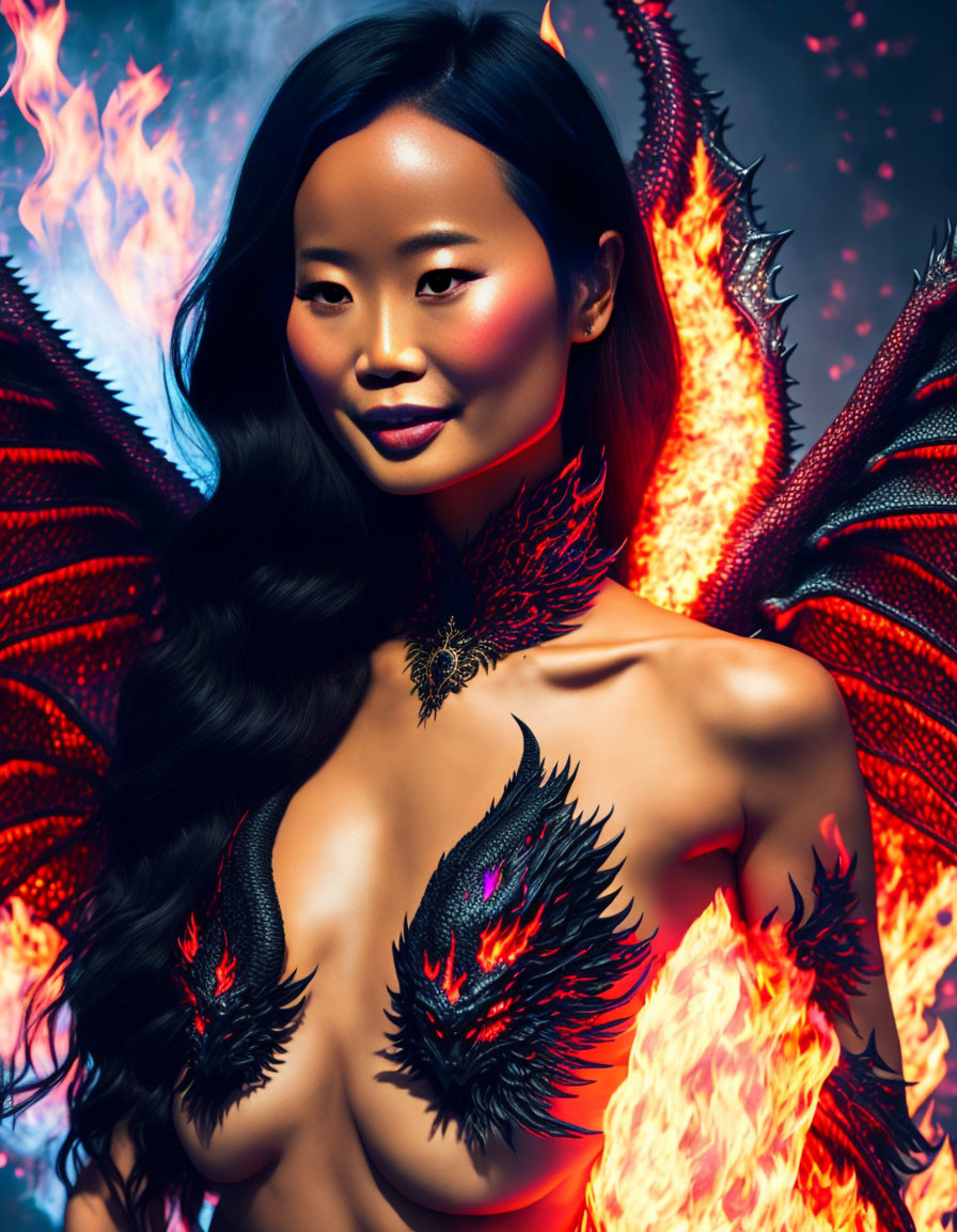 Woman with Dragon Wings and Fiery Elements