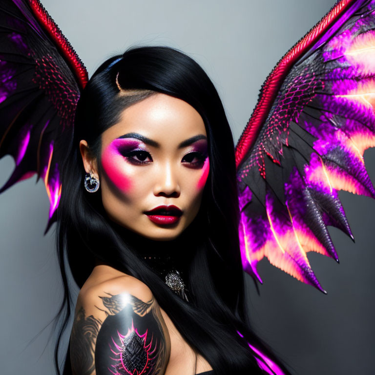 Woman with dramatic makeup and dark hair, featuring red and purple wing graphics and a shoulder tattoo