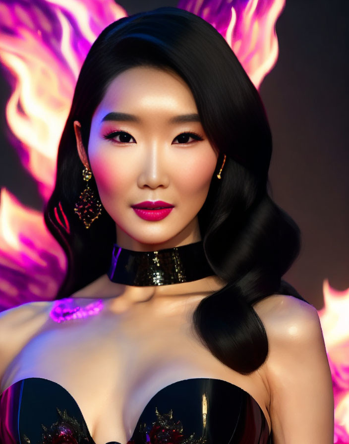 Dark-haired woman in glossy makeup and black outfit against fiery graphic.