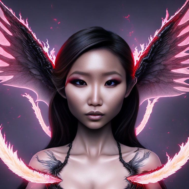 Digital portrait of woman with pink glowing eyes and fiery wings on dark background