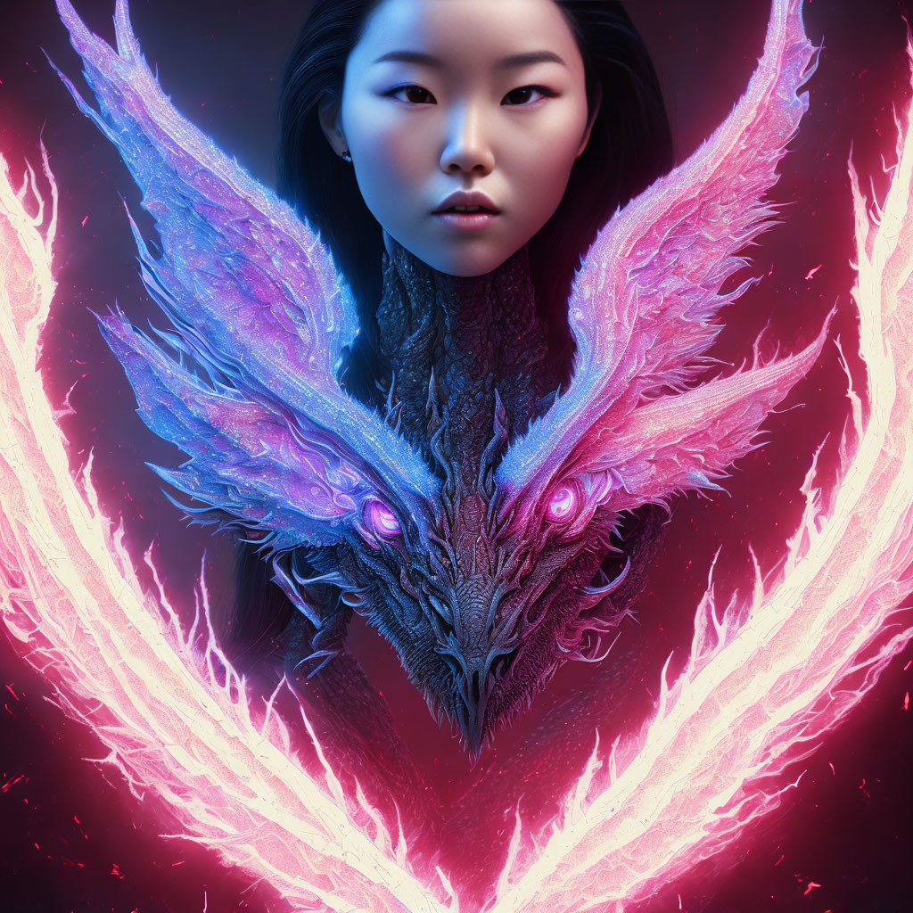 Serene woman with vibrant, phoenix-like creature in artwork