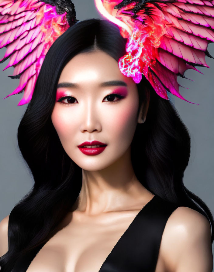 Dark-Haired Woman with Bold Red Makeup and Pink Phoenix Wings