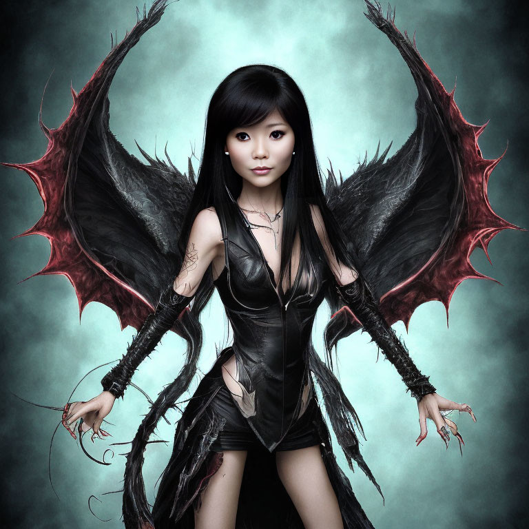 Dark-haired person with pale skin and demonic wings in dark fantasy attire