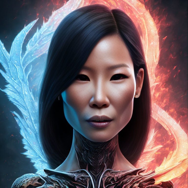 Asian woman with fiery and icy wings symbolizing mystical duality