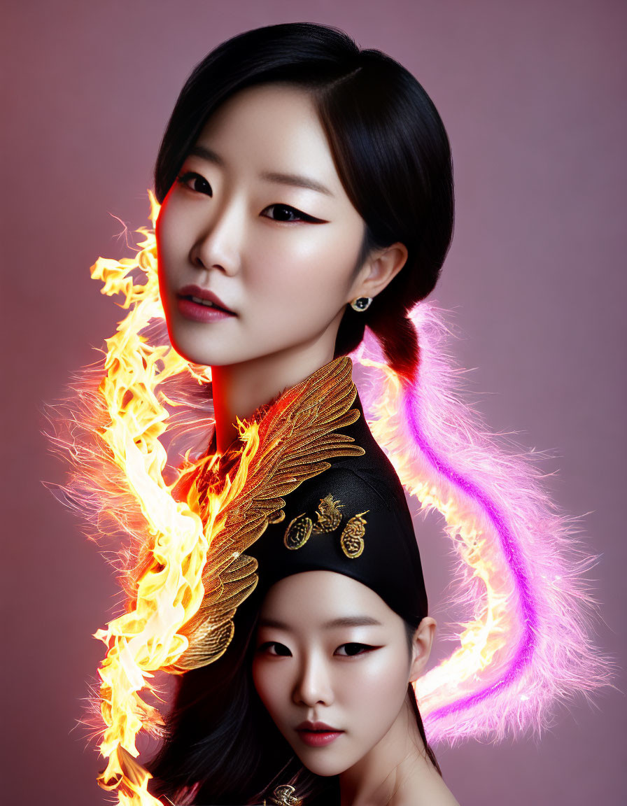 Stylized portrait of two women with flaming embellishments on pink to purple gradient.