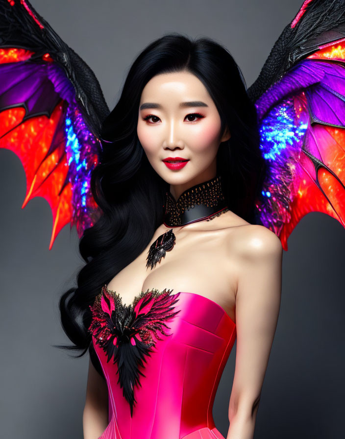 Woman in Pink Dress with Dragon Wings and Elegant Makeup