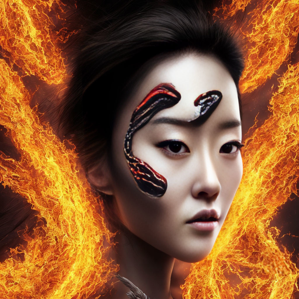 Woman with Flame-Like Face Paint on Fiery Background