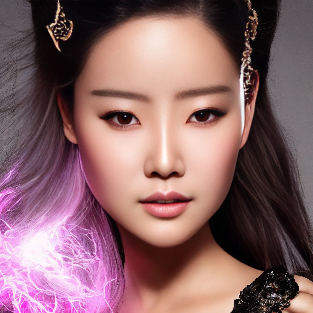 Woman with subtle makeup holding glowing purple orb and embellished hair accessories