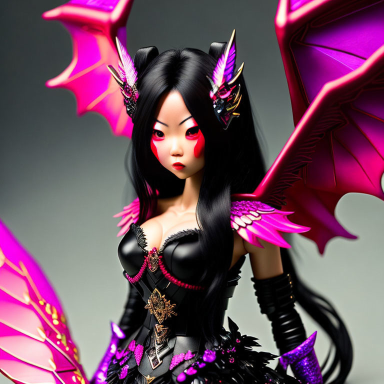 Gothic female character figurine with bat wings and red eyes on gray background.