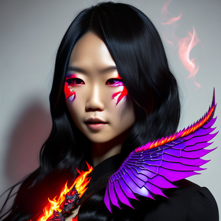 Woman with Flame-Inspired Makeup and Phoenix-Like Winged Shoulder Piece