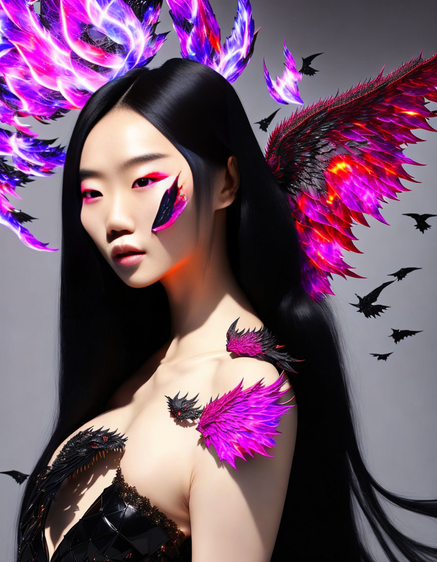 Woman with Long Black Hair and Fiery Wing Motifs Makeup