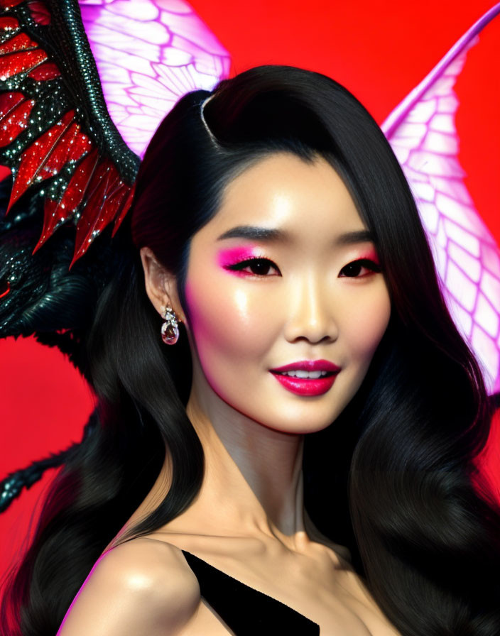 Woman with Vibrant Pink Makeup and Dragon Illustration on Red Background