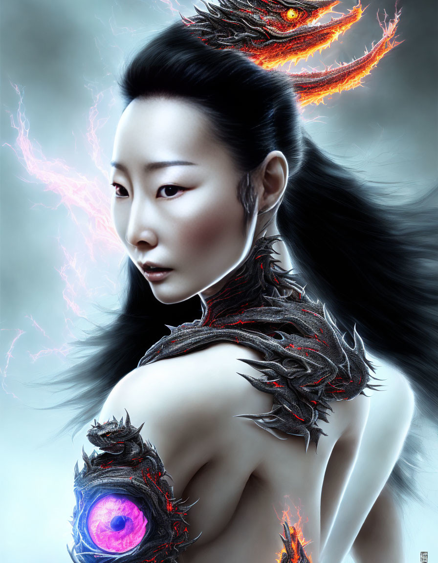 Digital artwork of woman with ethereal glow and dragon-like armor