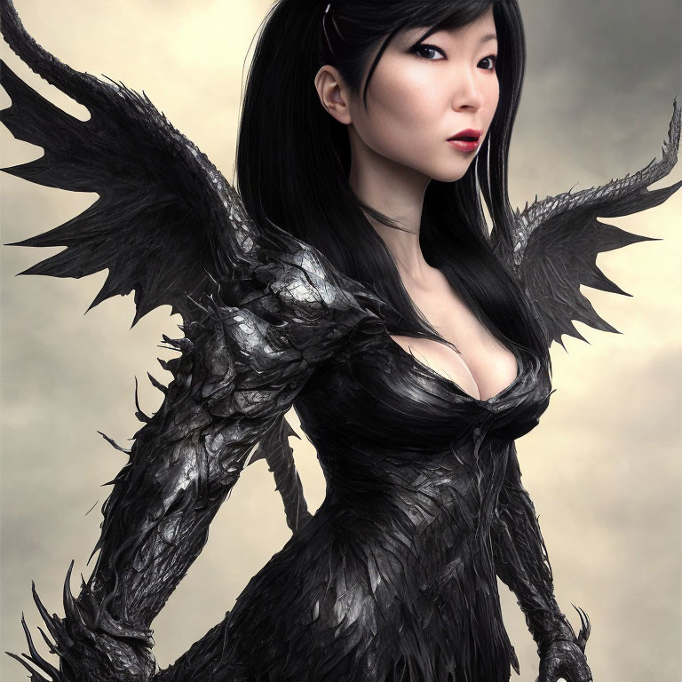 Dark angelic wings woman in black fantasy armor on muted backdrop