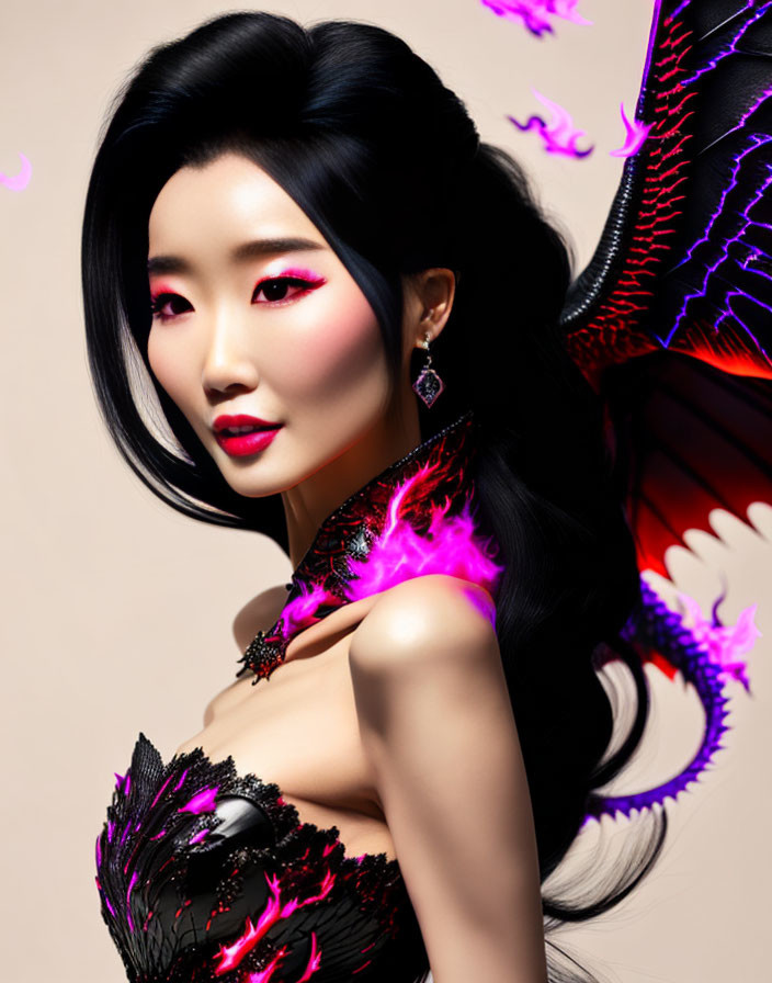 Vibrant makeup and dragon wings on woman in dark attire