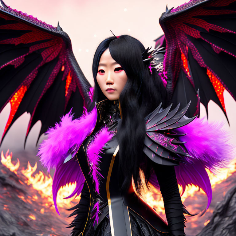 Elaborate dragon-themed costume with black and red wings on fiery backdrop