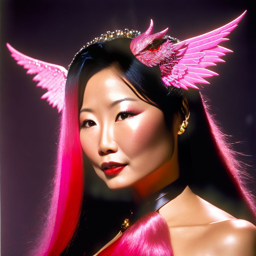 Pink-haired woman with bird headpiece and elegant jewelry on dark background