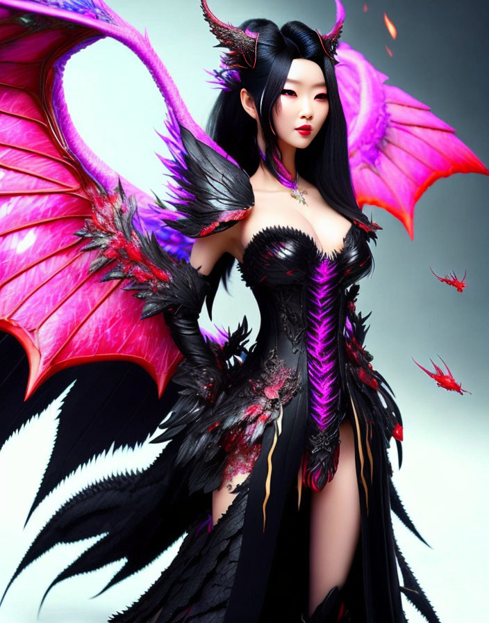 Female character with black horns, dark fantasy dress, purple accents, and pink bat wings