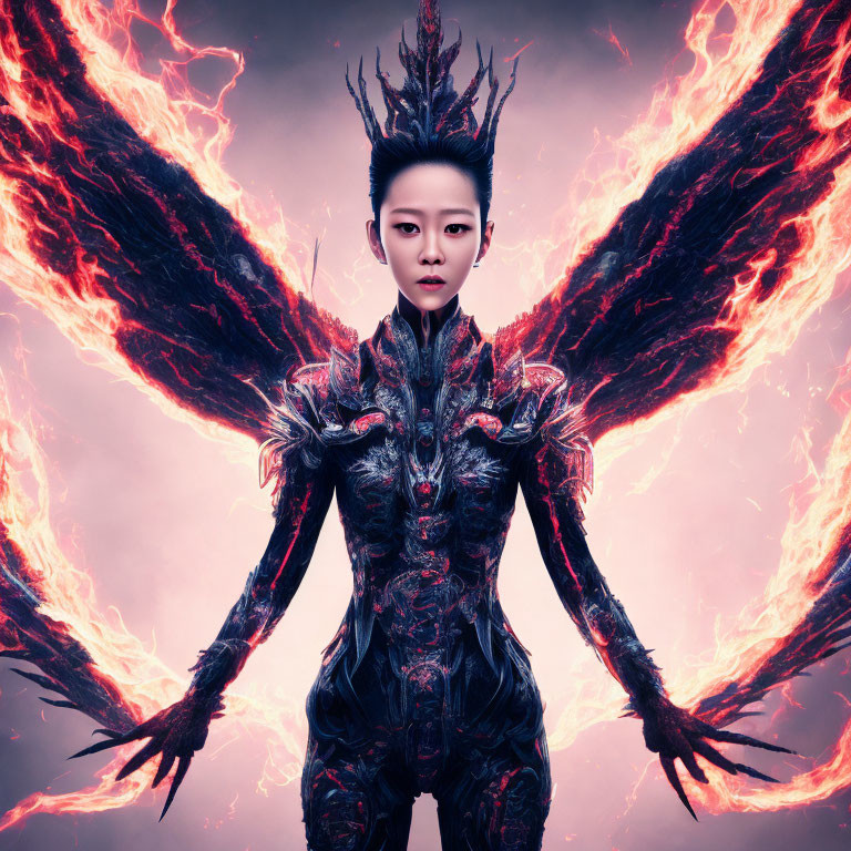 Fantastical female warrior with flaming wings and ornate dark armor against pink backdrop