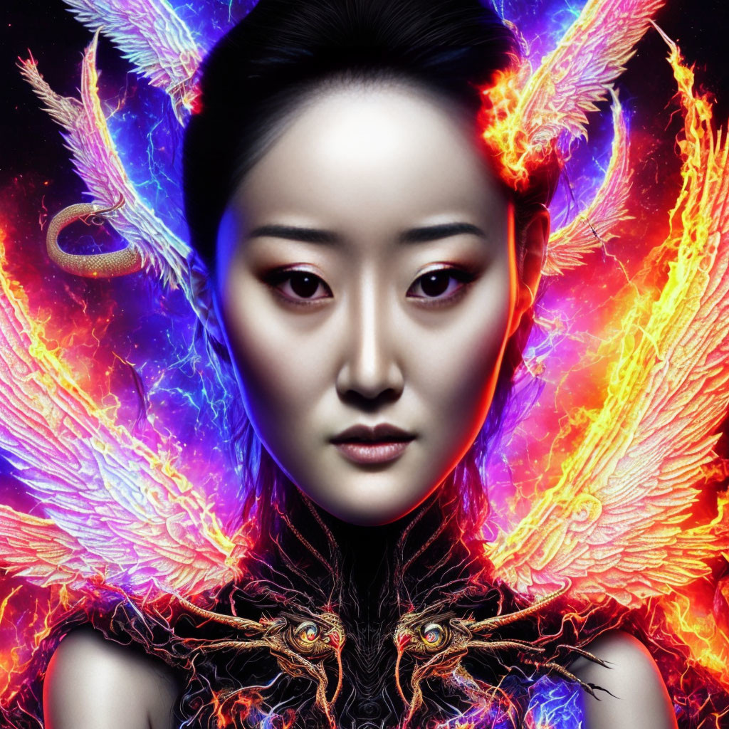 Striking woman with phoenix wings and snake on dark background