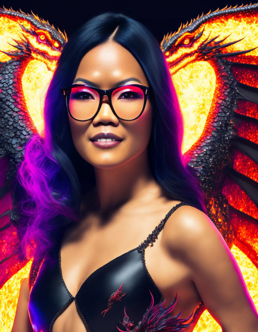 Confident Woman with Purple Ombre Hair and Fiery Wings