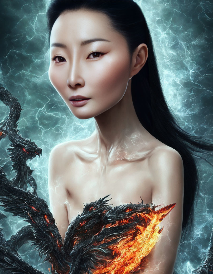 Ethereal woman with fiery phoenix and lightning effects