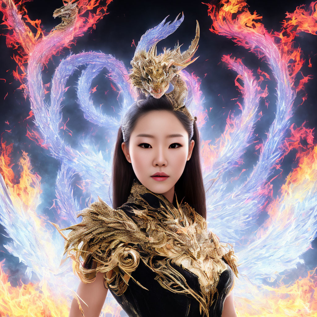 Woman in dramatic makeup with golden feathered costume and fiery phoenix wings.