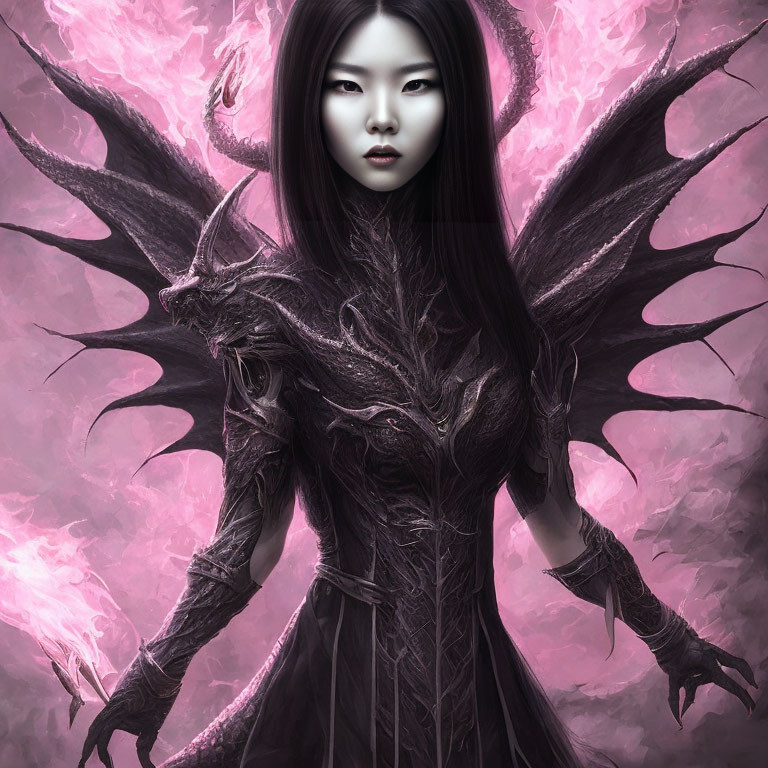 Fantastical female figure with dragon-like wings on pinkish-purple backdrop