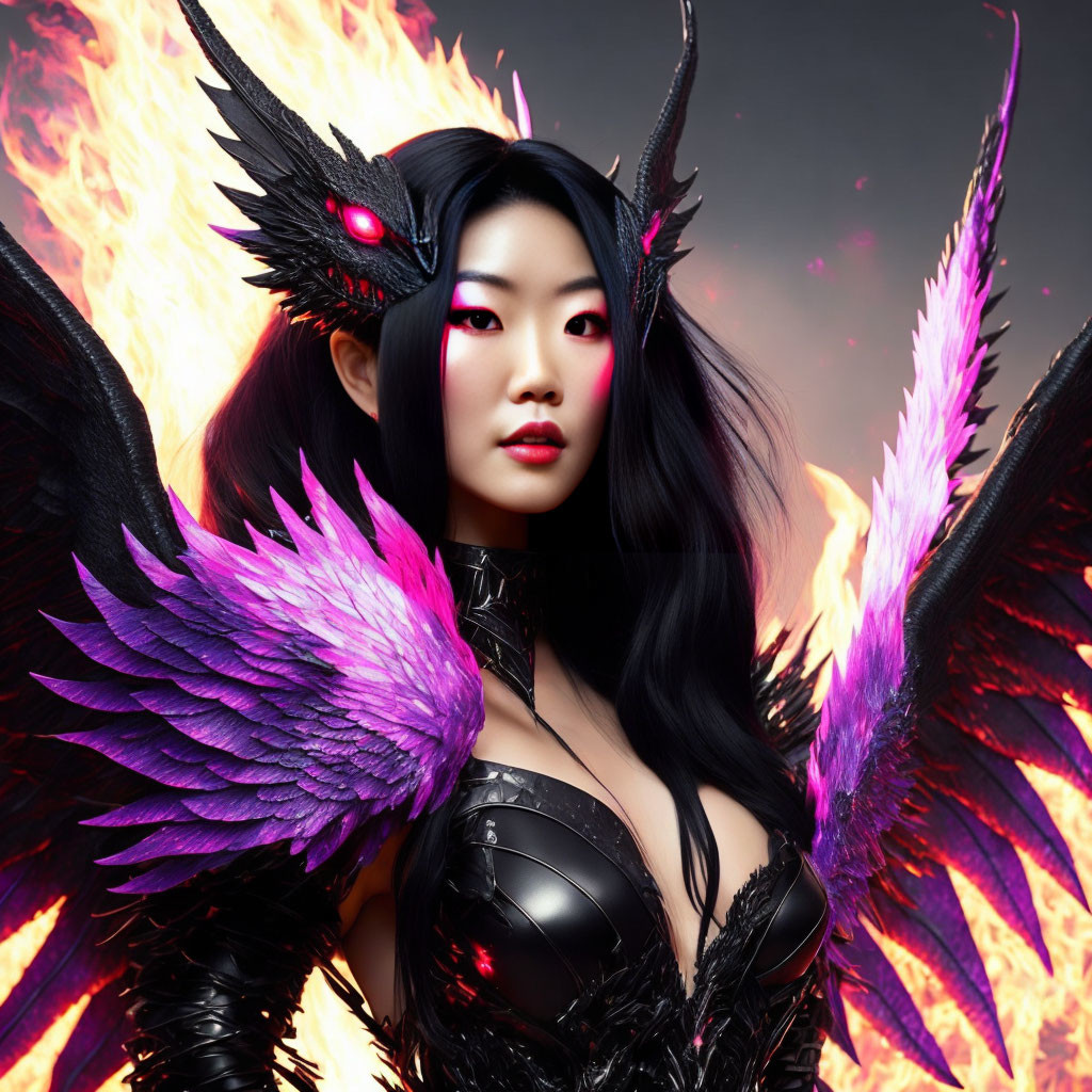 Asian-inspired Female Character in Black Armor with Purple Feathers and Horned Headdress on Flame Background