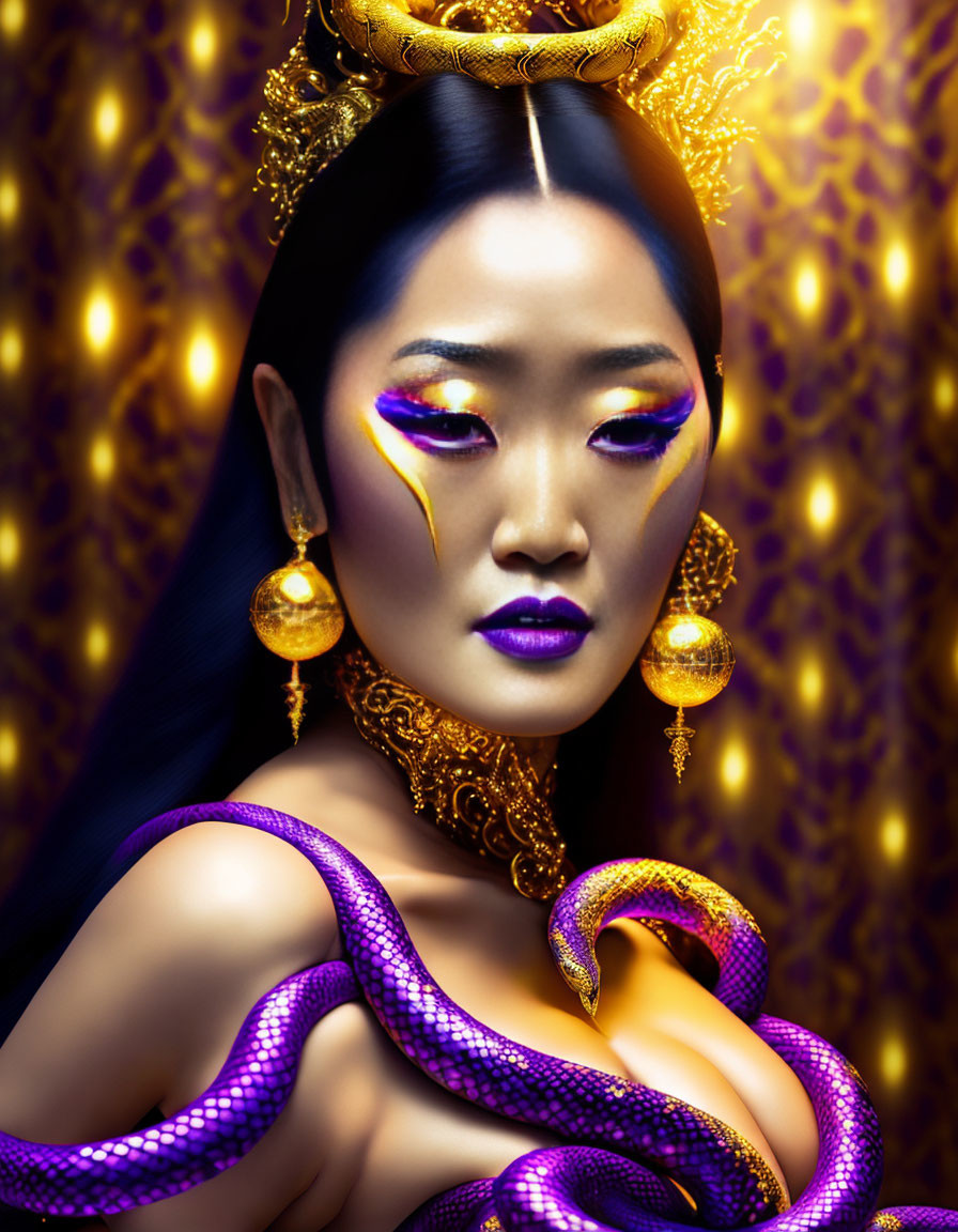 Woman with golden headwear, purple eyeshadow, holding snake on yellow backdrop