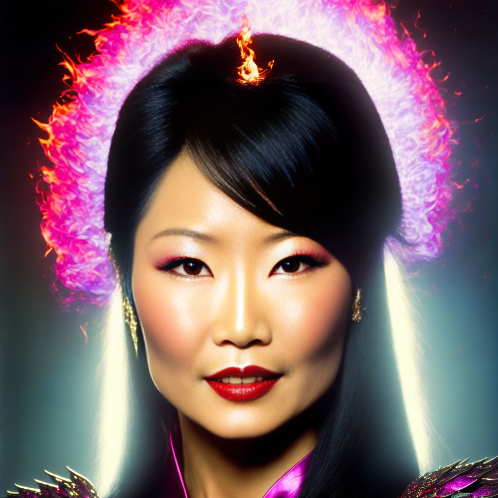 Woman with glowing neon makeup and fiery crown effect.