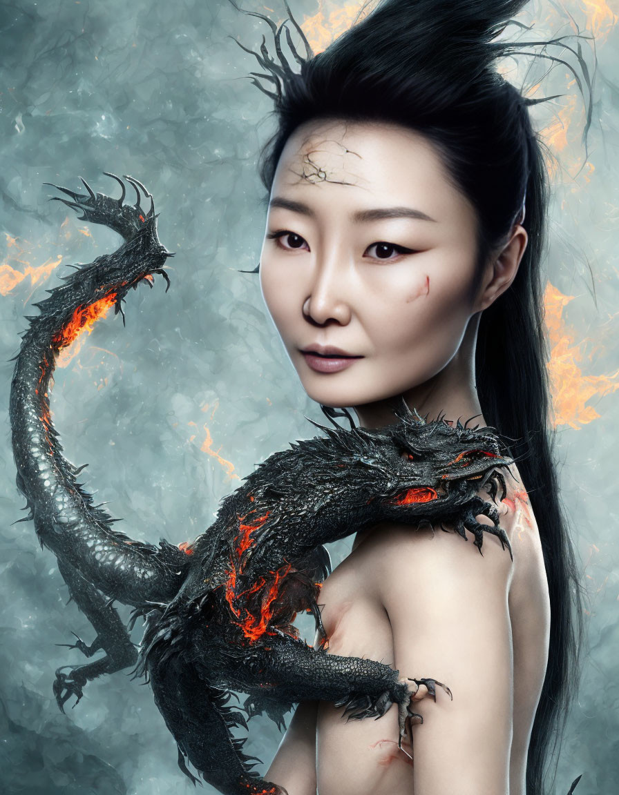 Woman with striking makeup and fiery two-headed dragon on smoky backdrop