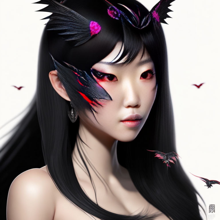 Digital artwork featuring woman with black hair, red eyes, horns, and butterflies in dark fantasy setting.