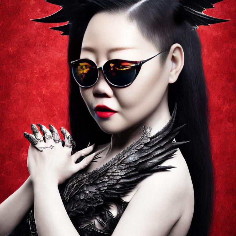 Gothic woman in sunglasses and dark spiky outfit on red background