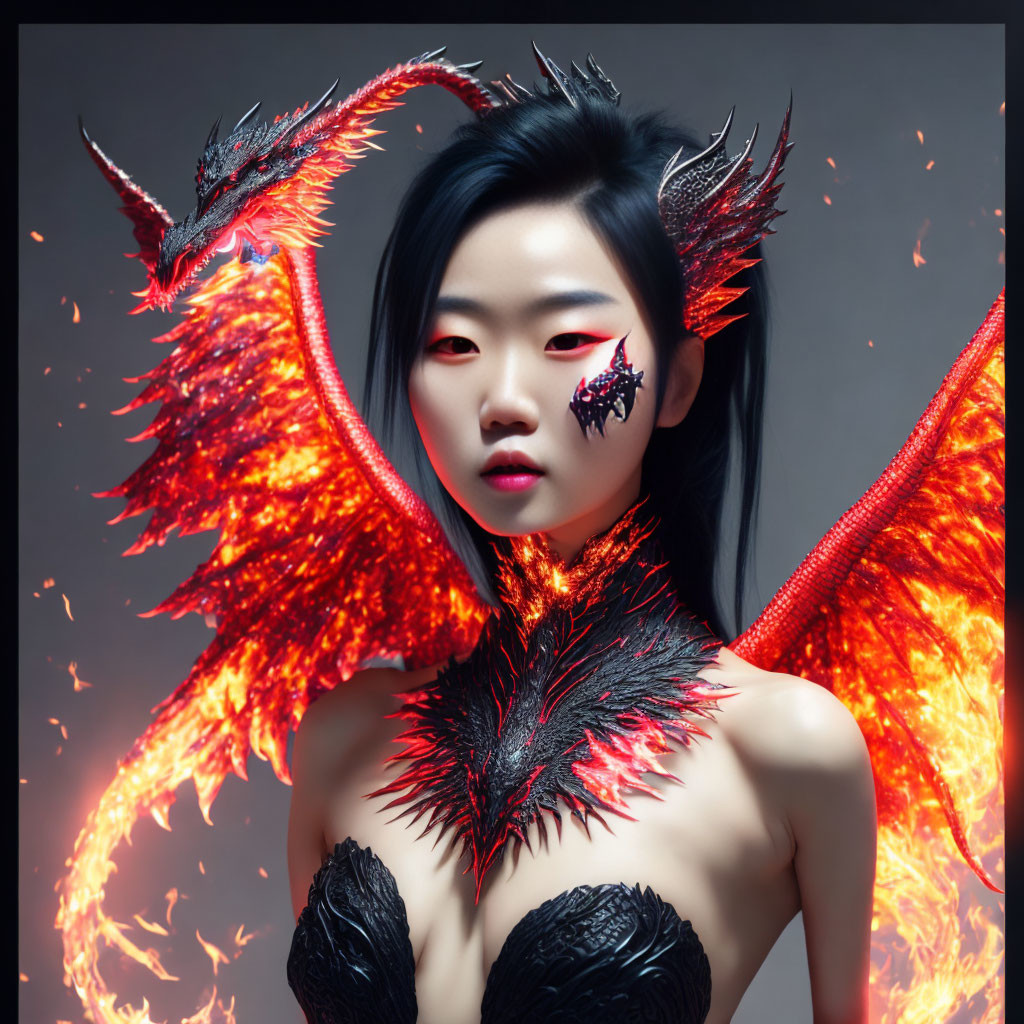 Fiery winged person with red accents and intense gaze on gray background