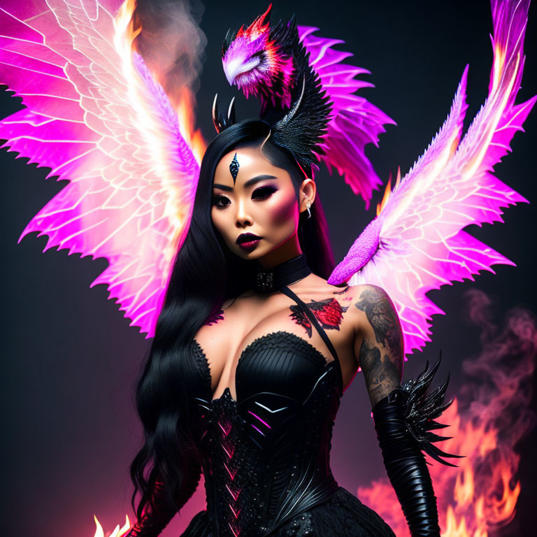 Woman in dark corset with phoenix-themed backdrop and vibrant pink flames