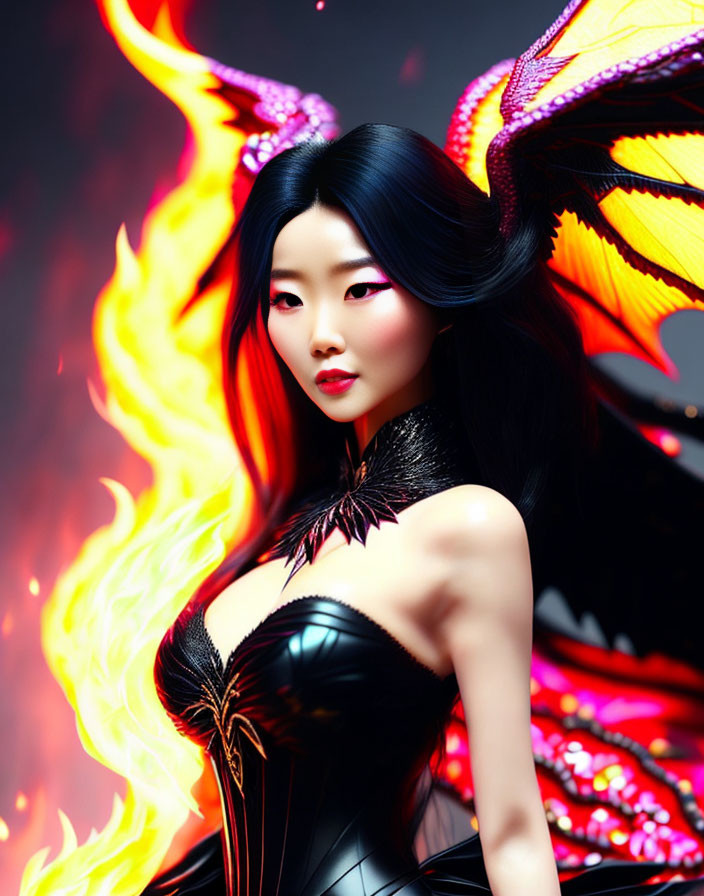 Asian woman in black outfit with fiery wing-like appendages on dark background