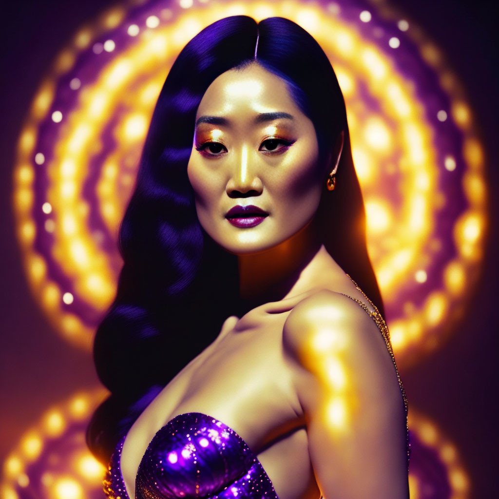 Golden-skinned woman with dark hair in purple sequined outfit amid swirling lights