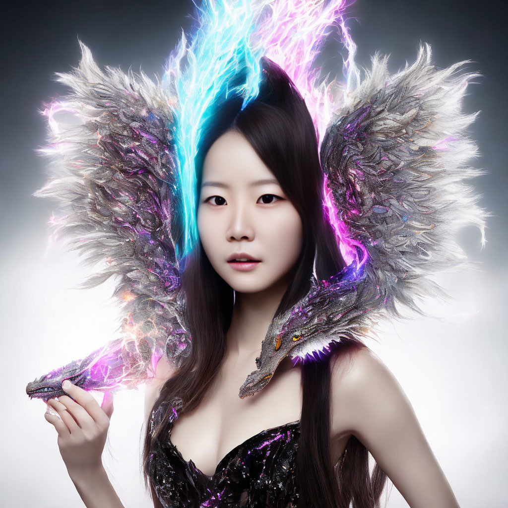 Ethereal woman with lightning dragon wings staring.