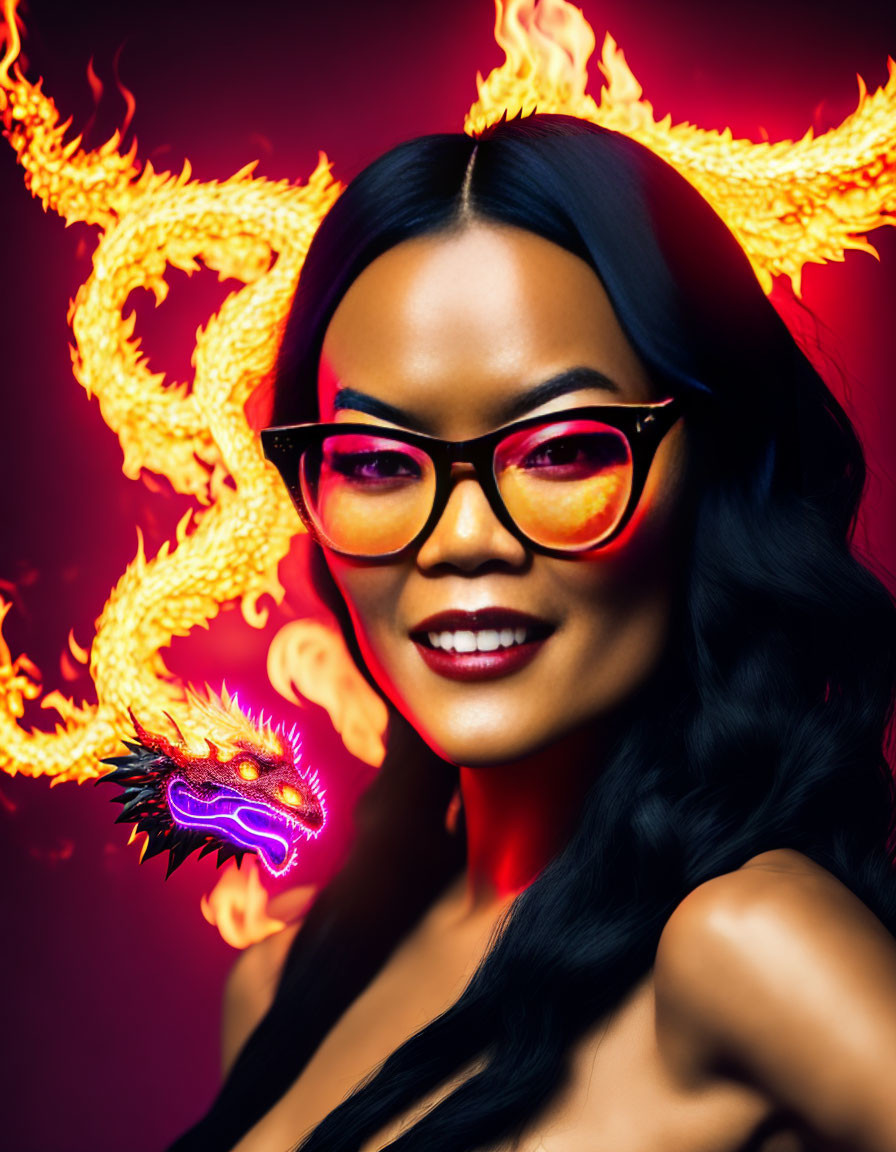 Portrait of a confident woman with a fiery dragon background