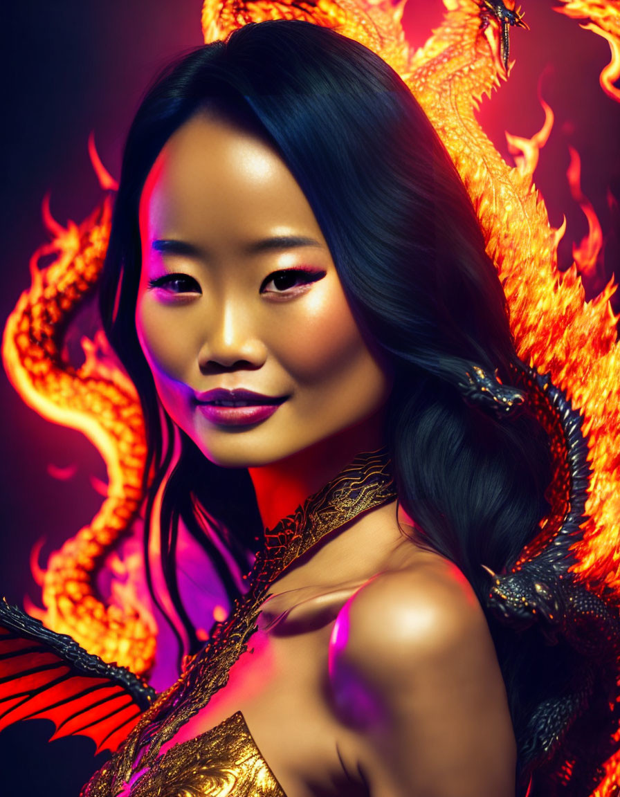 Serene woman in front of fiery dragon motif in warm lighting