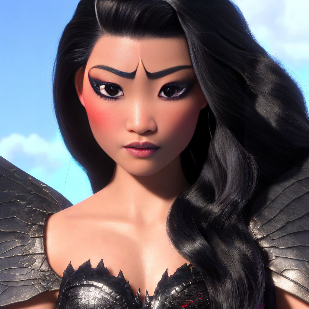 Female animated character with dramatic makeup and black armor against blue sky.