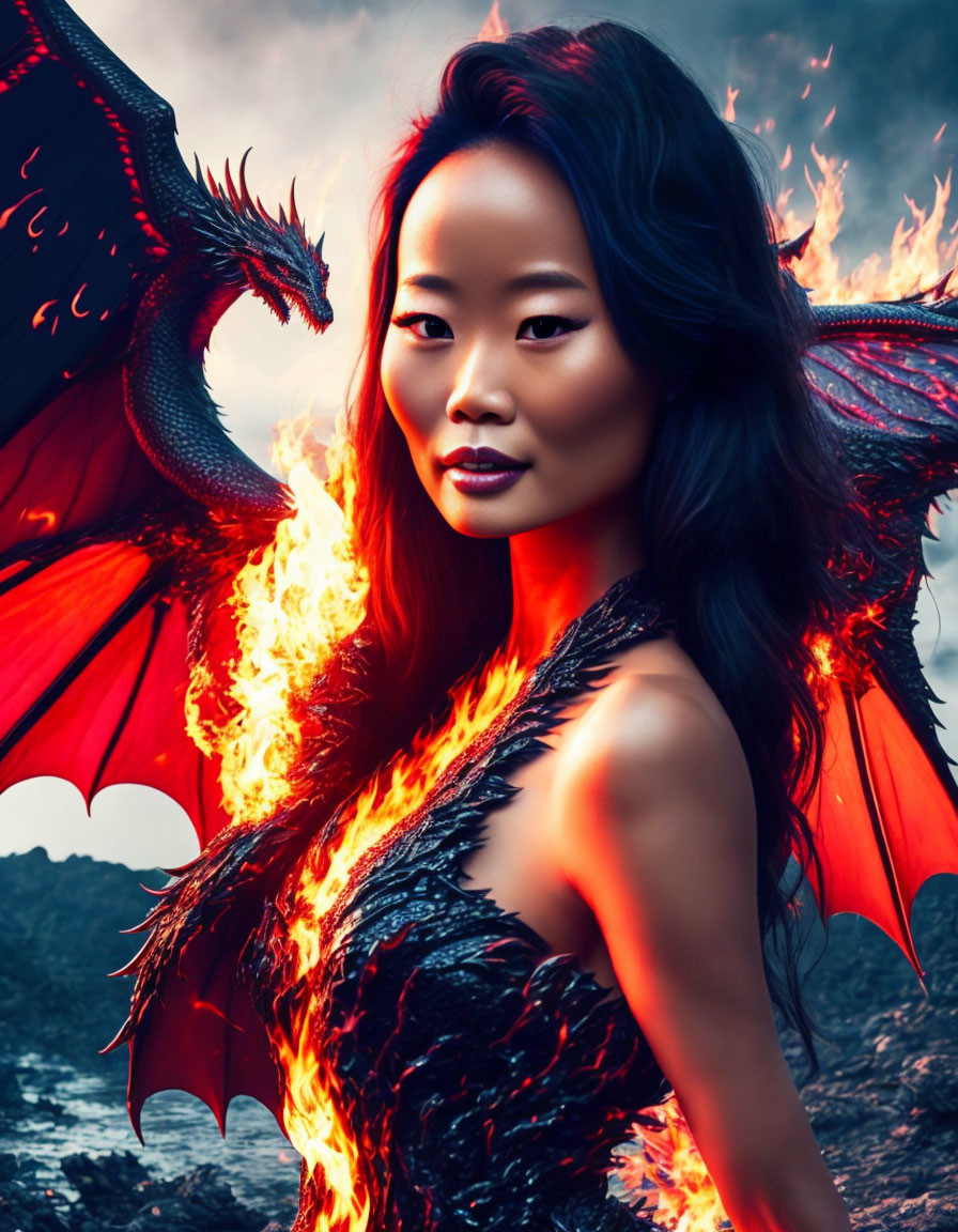 Woman with striking makeup faces fire-breathing dragon in fantasy scene