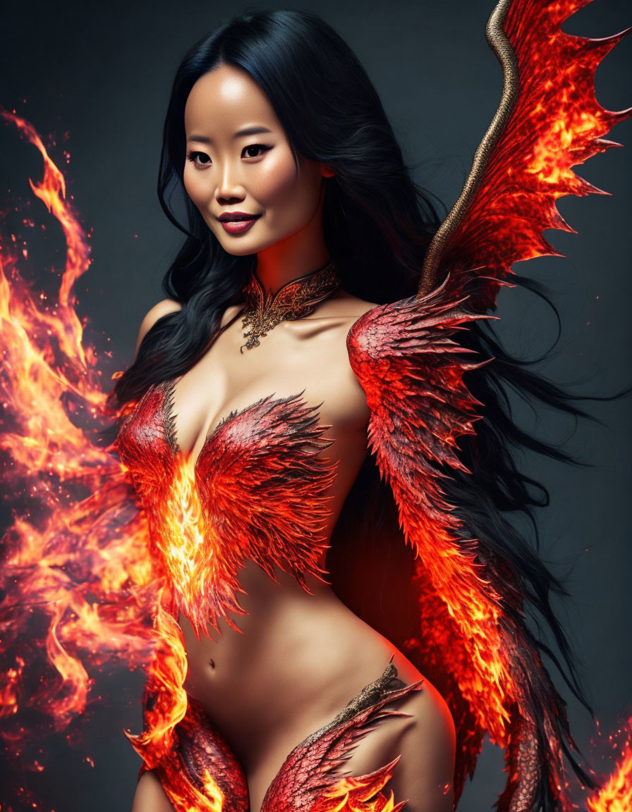 Fiery Costume with Phoenix Motif and Dramatic Lighting