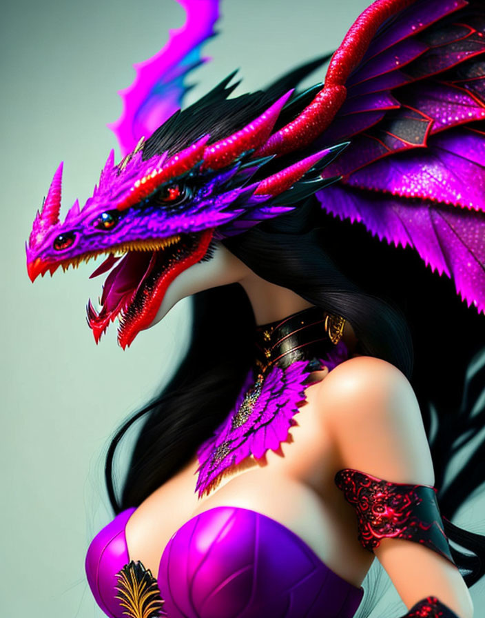 Stylized illustration of woman with long black hair and purple outfit with pink and purple dragon.