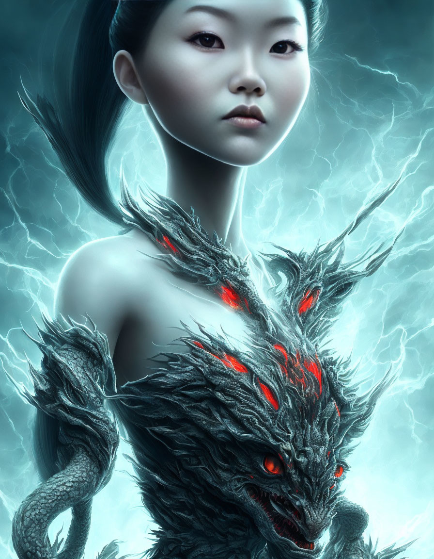 Digital artwork: Woman with sleek hair merging with wolf-like creature against lightning backdrop